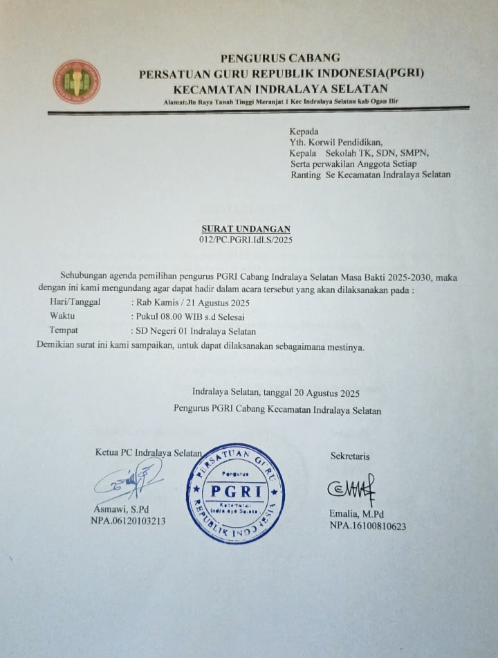 Undangan pemilihan pengurus baru PGRI Indralaya Selatan periode 2025–2030. (Foto: Ist)