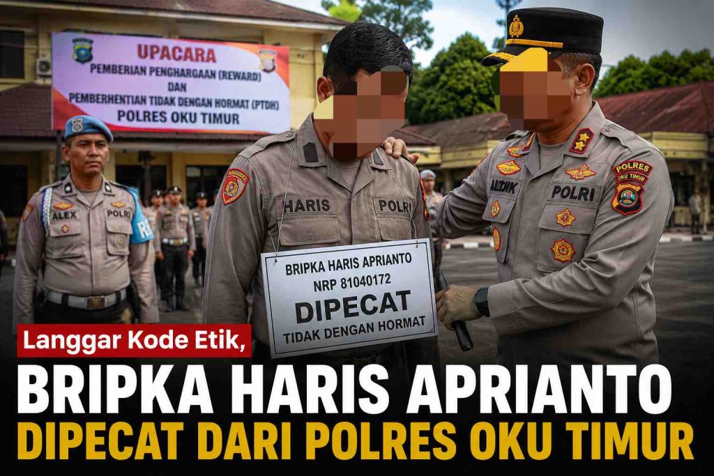 Polres OKU Timur resmi memecat Bripka Haris Aprianto dari keanggotaan Polri melalui mekanisme Pemberhentian Tidak Dengan Hormat (PTDH).